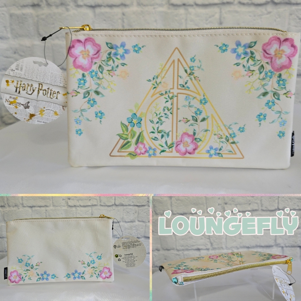 Loungefly Harry Potter Deathly Hallows Floral Blooms Cream Travel Pouch Bag New